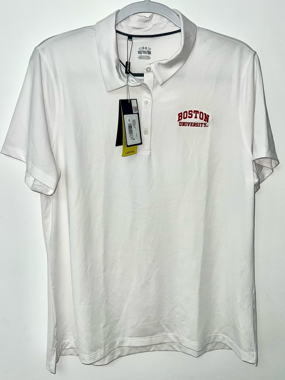Under Armour Boston University White Polo | Tee to Green Golf Shirt/Tennis Shirt